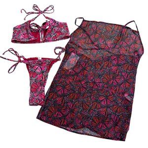 Toluca Swim String Bikini & Gisele Cover Up Dress Set NWT XS/S 30-32 D+ Red Pink